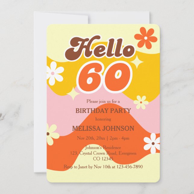 Hello 60 Retro Wave Groovy Flower Birthday  Invitation (Front)