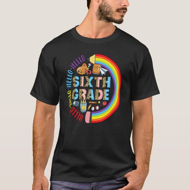 Hello 6th Grade Leopard Back To School Pencil Rain T-Shirt (Front)