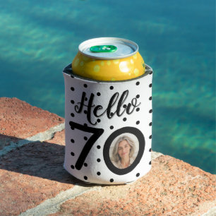 Hello 70 Black & White Dots Photo & Name Birthday Can Cooler