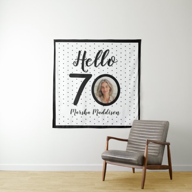 Hello 70 Black & White Dots Photo & Name Birthday Tapestry (In Situ)