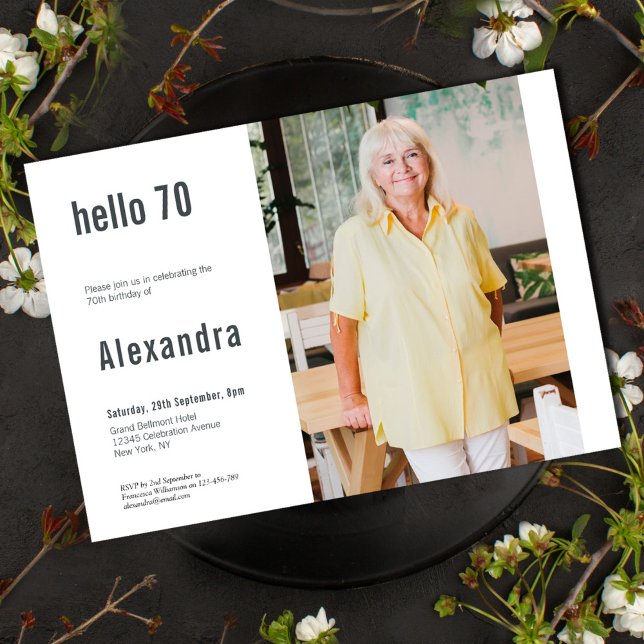 Hello 70 Modern Custom Photo 70th Birthday Party Invitation (Creator Uploaded)