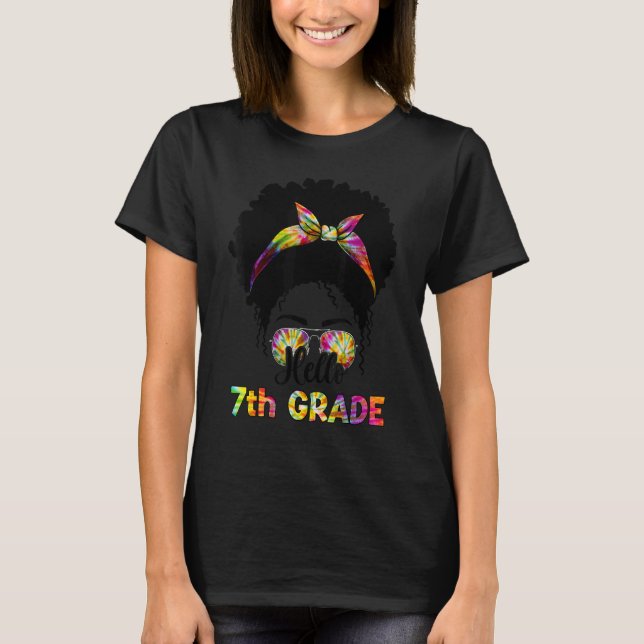 Hello 7th Grade Messy Bun  Afro Teacher Back To Sc T-Shirt (Front)