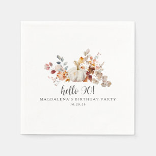 Hello 90 Fall Pumpkin Leaves Custom Birthday Napkin