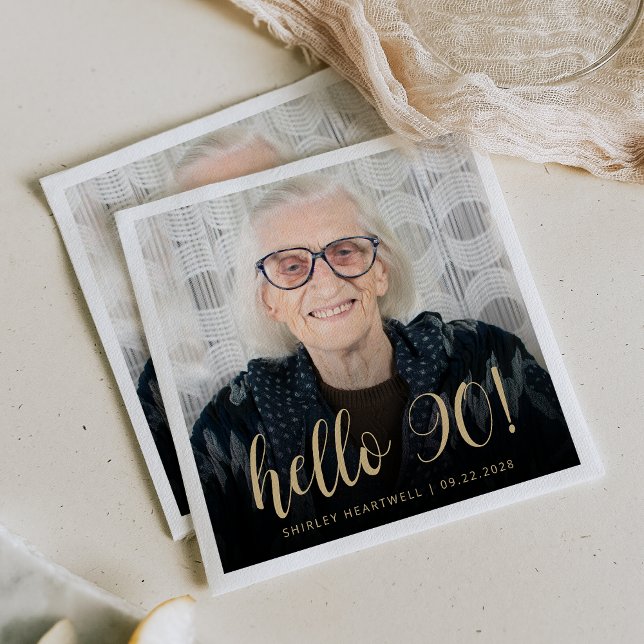 Hello 90 Ninetieth Birthday Party Photo Napkin (Creator Uploaded)