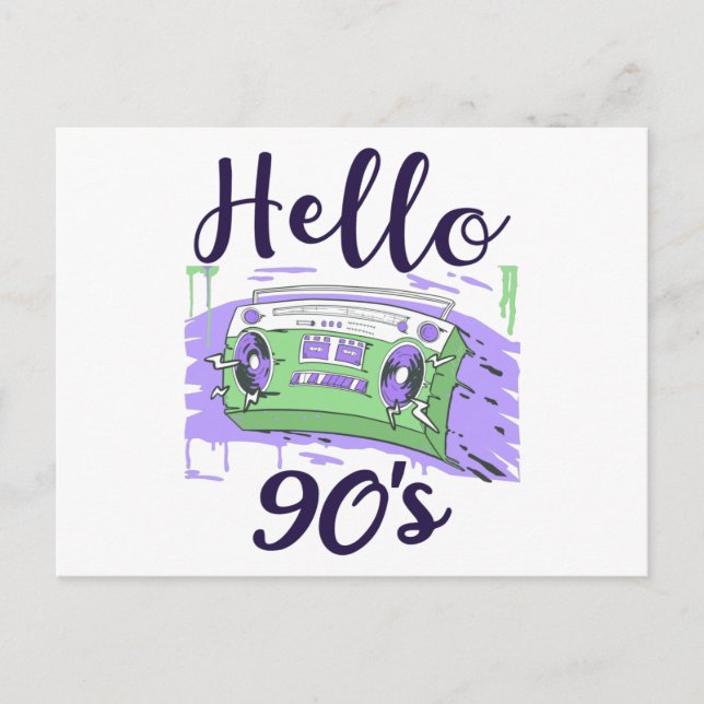 Hello 90s radio cassette recorder postcard (Front)