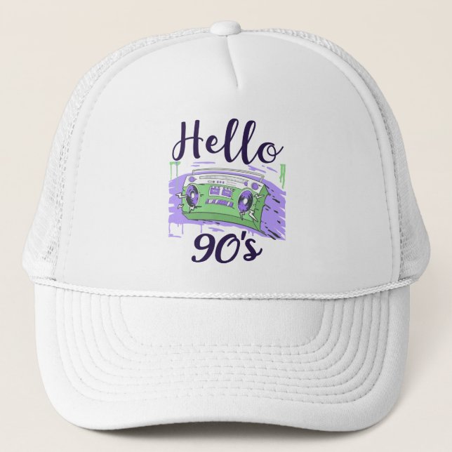 Hello 90s radio cassette recorder trucker hat (Front)