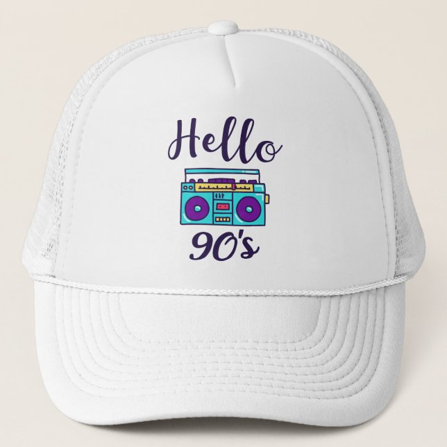 Hello 90s radio cassette recorder trucker hat (Front)