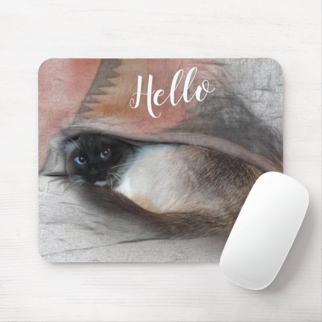 Hello Adorable Peeking Blue Eyed Siamese Kitten Mouse Pad (With Mouse)