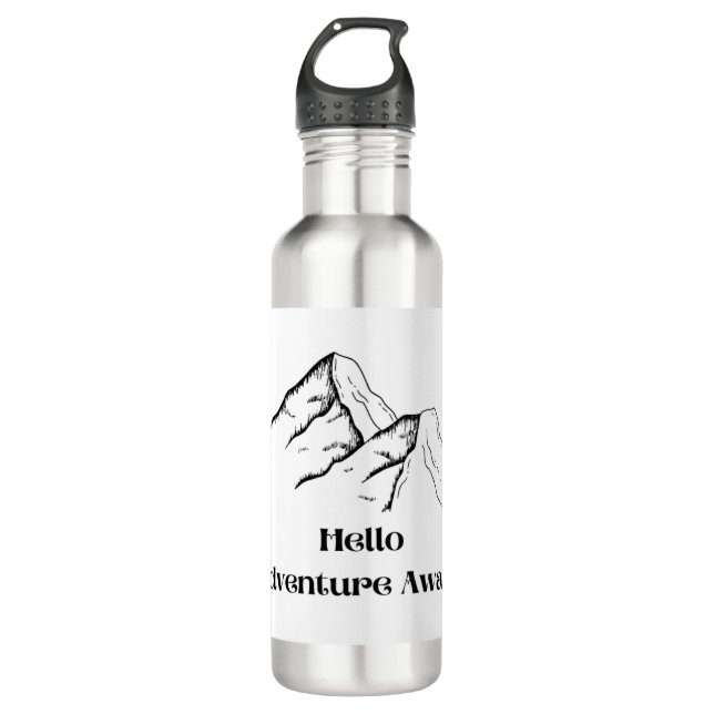 Hello Adventure Awaits with mountains on a  710 Ml Water Bottle (Front)