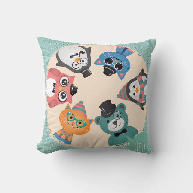 Hello! Animal Friends Circle Pillow (Front)