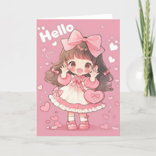 Hello Anime Chibi Girl Pink Holiday Card