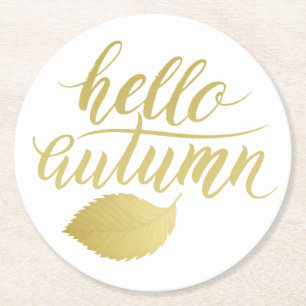 Hello Atumn Faux Gold Brush Script Round Paper Coaster