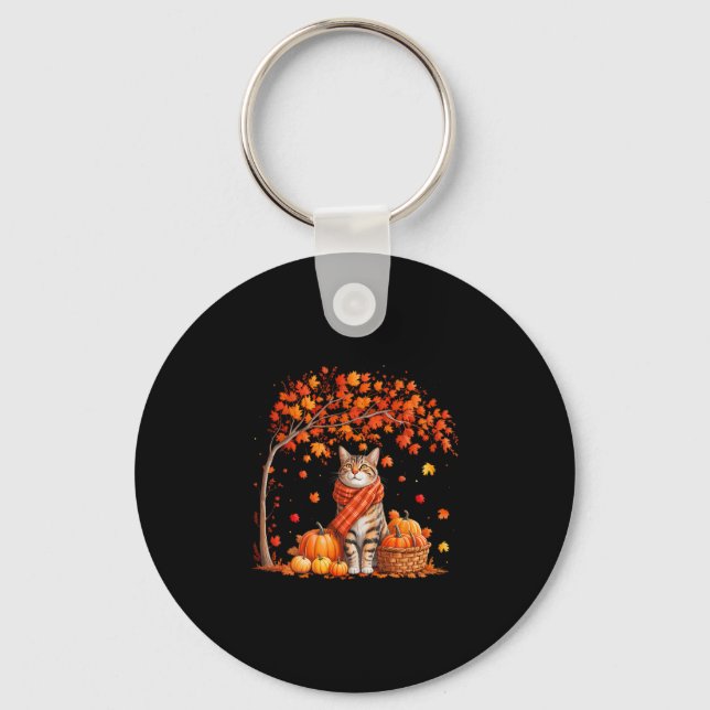 Hello Autumn Cat Fall Leaf Kitten Lover Thanksgivi Key Ring (Front)
