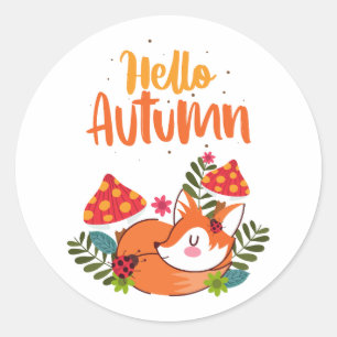 Hello Autumn Cute Fox Autumn Fall Season Classic Round Sticker