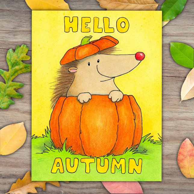 Hello Autumn - Cute Hedgehog in a Pumpkin Postcard (Creator Uploaded)