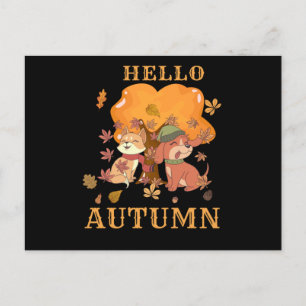 Hello Autumn - Dog Cat Tree Foliage Autumn Leaves Postcard