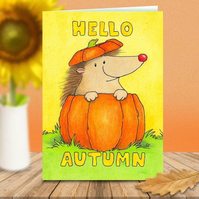 Hello Autumn Hedgehog in Pumpkin Greeting Card (Creator Uploaded)
