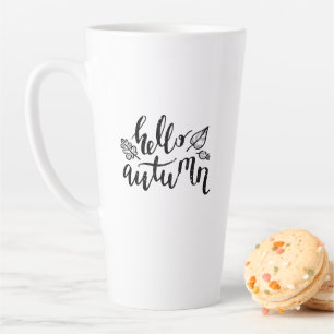 Hello Autumn Leaves Black and White Calligraphy Latte Mug