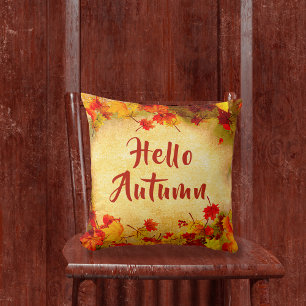 Hello Autumn Leaves on Old Paper Background Cushion