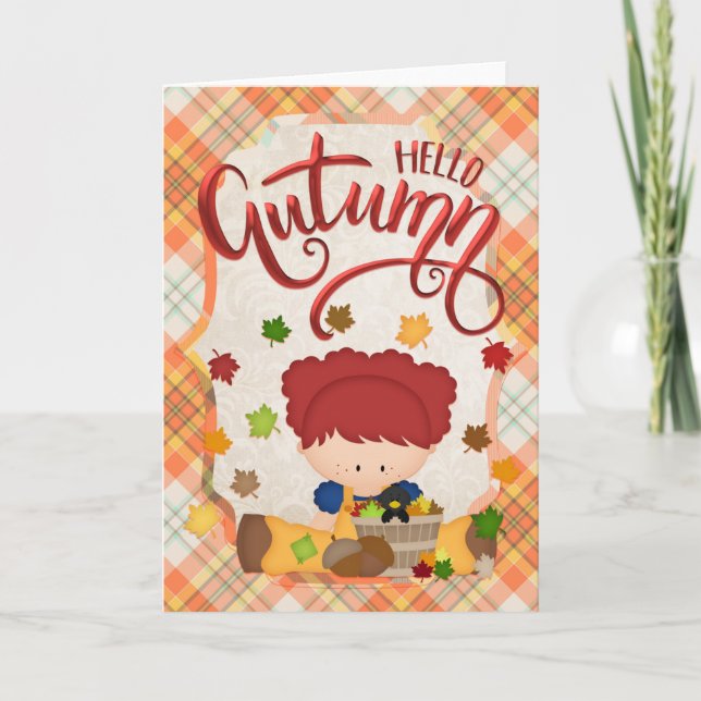 Hello Autumn - Little Girl Fall Season Card (Front)