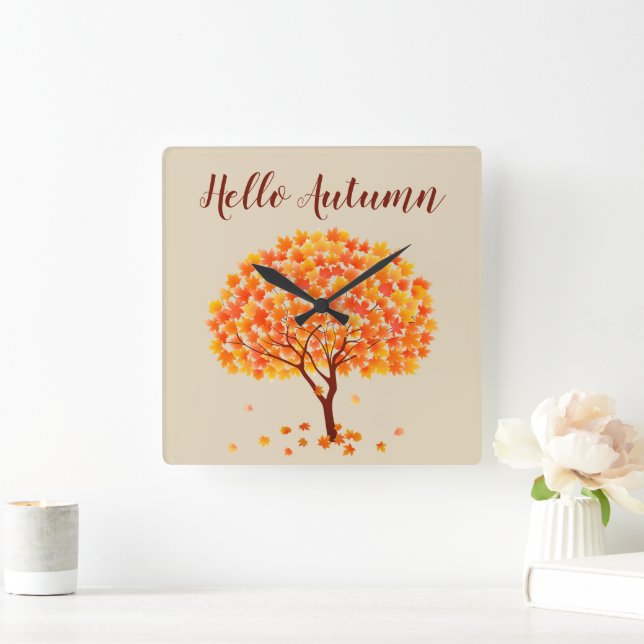 Hello Autumn Maple Tree Square Wall Clock (Home)
