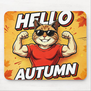 Hello Autumn Muscle Cat Funny Fall Season Mouse Pa Pad