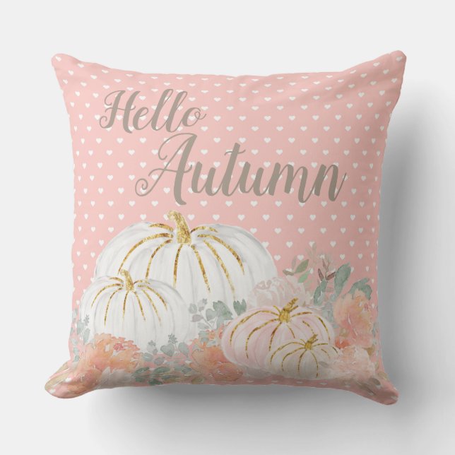 Hello Autumn Peach Pumpkin Polka Dot Pillow (Front)