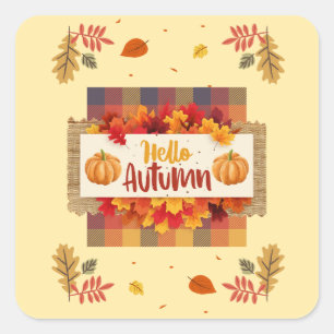 Hello Autumn Plaid Leaves Square Sticker