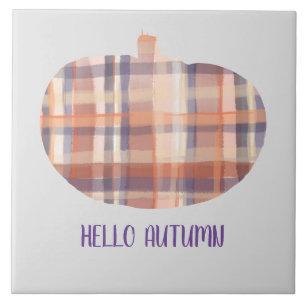 Hello autumn pumpkin tartan watercolor grey orange ceramic tile