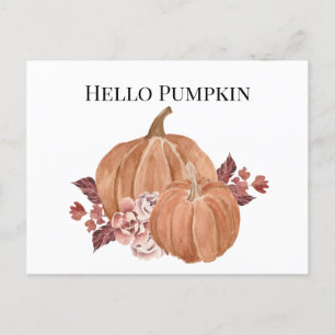 Hello Autumn Pumpkin Watercolor Postcard