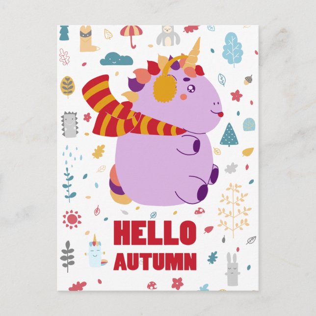 Hello Autumn Purple Unicorn Postcard (Front)