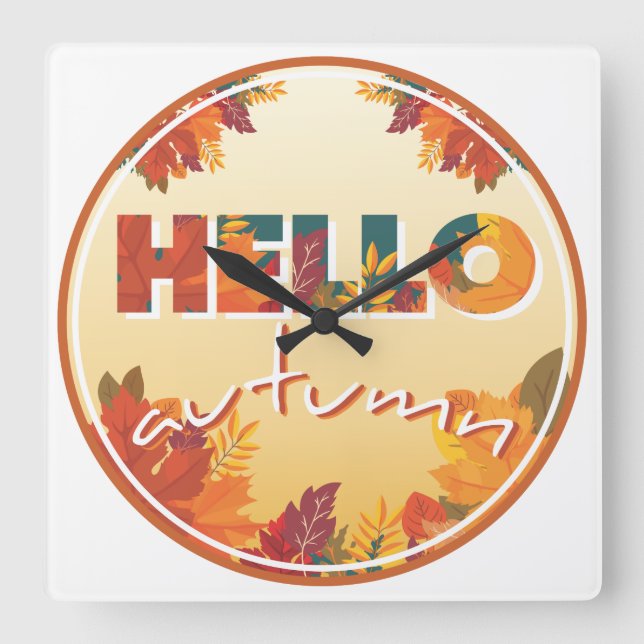 Hello Autumn Square Wall Clock (Front)