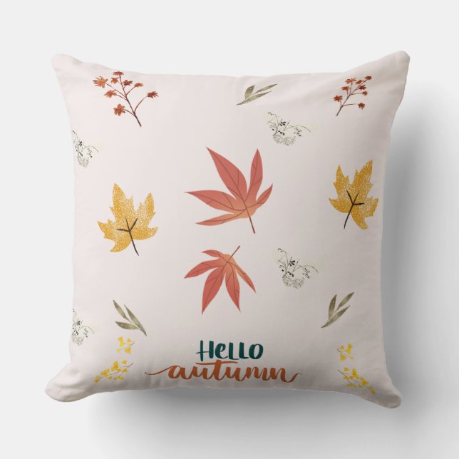 Hello Autumn Throw Pillow – Fall Leaves Botanical  (Front)