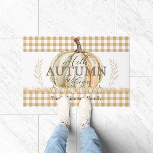 Hello Autumn White Pumpkin Gingham Plaid Name Doormat (Indoor)