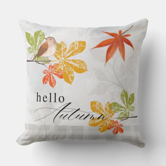 Hello Autumn with Bird and Fall Leaves Cushion (Front)