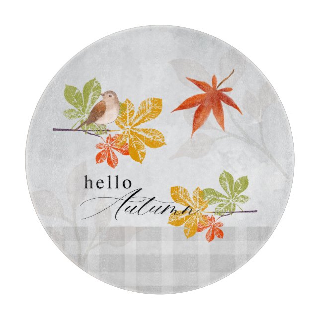 Hello Autumn with Bird and Fall Leaves Cutting Board (Front)