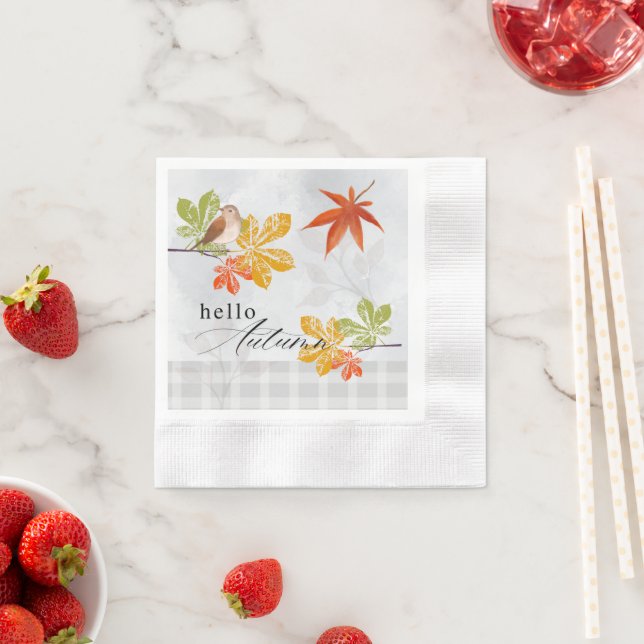 Hello Autumn with Bird and Fall Leaves Napkin (Insitu)
