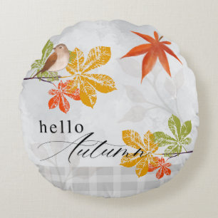 Hello Autumn with Bird and Fall Leaves Round Cushion