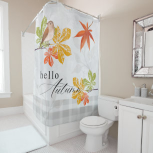 Hello Autumn with Bird and Fall Leaves Shower Curtain