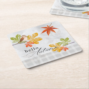 Hello Autumn with Bird and Fall Leaves Square Paper Coaster