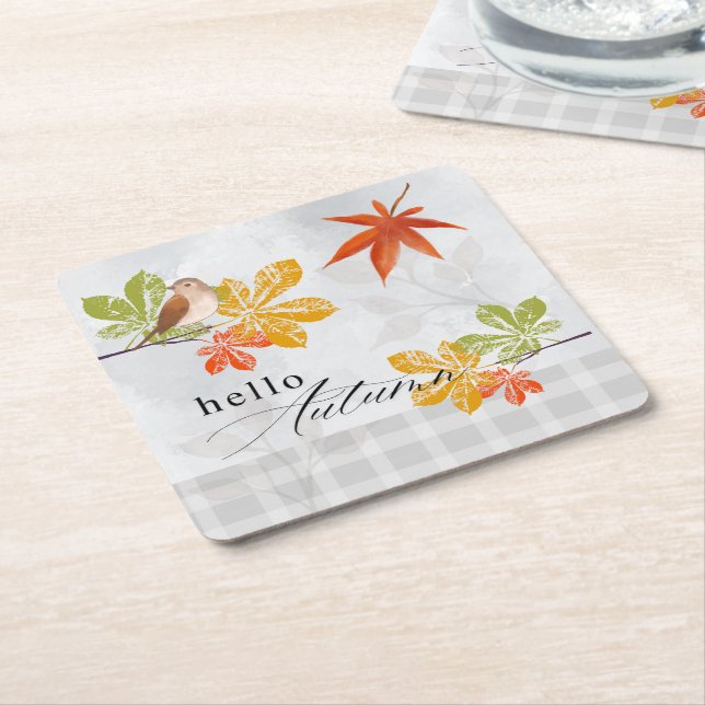 Hello Autumn with Bird and Fall Leaves Square Paper Coaster (Angled)
