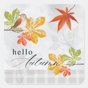 Hello Autumn with Bird and Fall Leaves Square Sticker