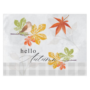 Hello Autumn with Bird and Fall Leaves Tablecloth
