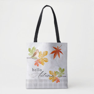 Hello Autumn with Bird and Fall Leaves Tote Bag