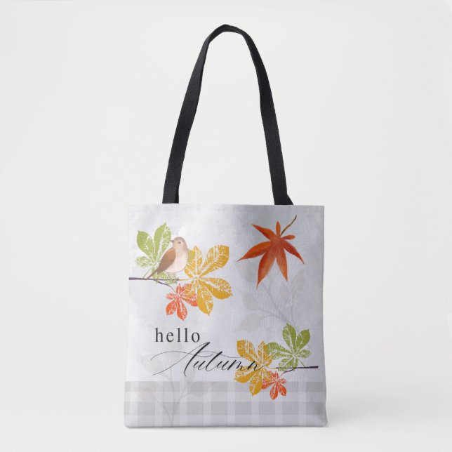 Hello Autumn with Bird and Fall Leaves Tote Bag (Front)