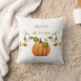 Hello Autumn with Pumpkin orange text and image Cushion