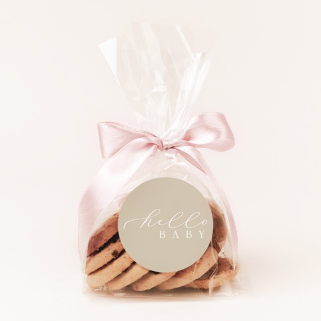 Hello Baby Beige Minimalist Script Baby Shower Classic Round Sticker (Creator Uploaded)