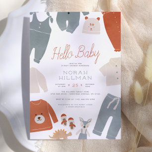 Hello Baby   Blue Boho Clothes Boy Baby Shower Invitation