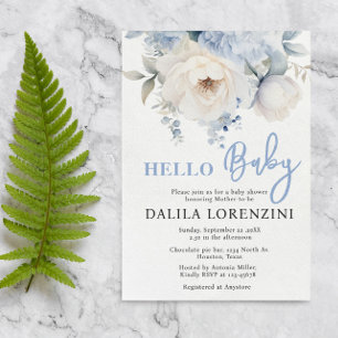 Hello Baby Blue Floral Baby Shower Invitation