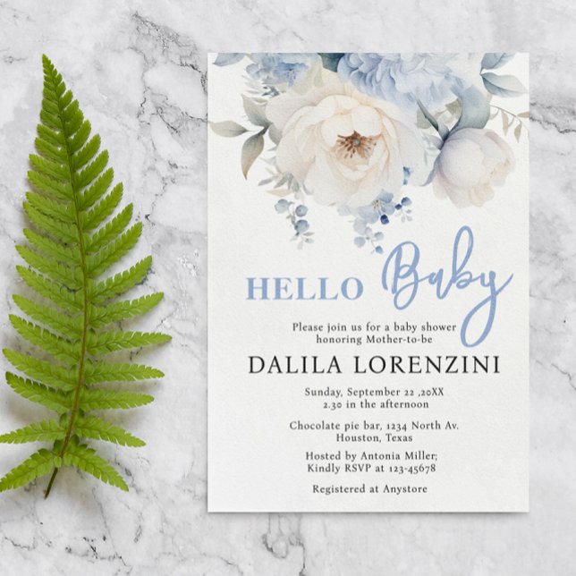 Hello Baby Blue Floral Baby Shower Invitation (Creator Uploaded)